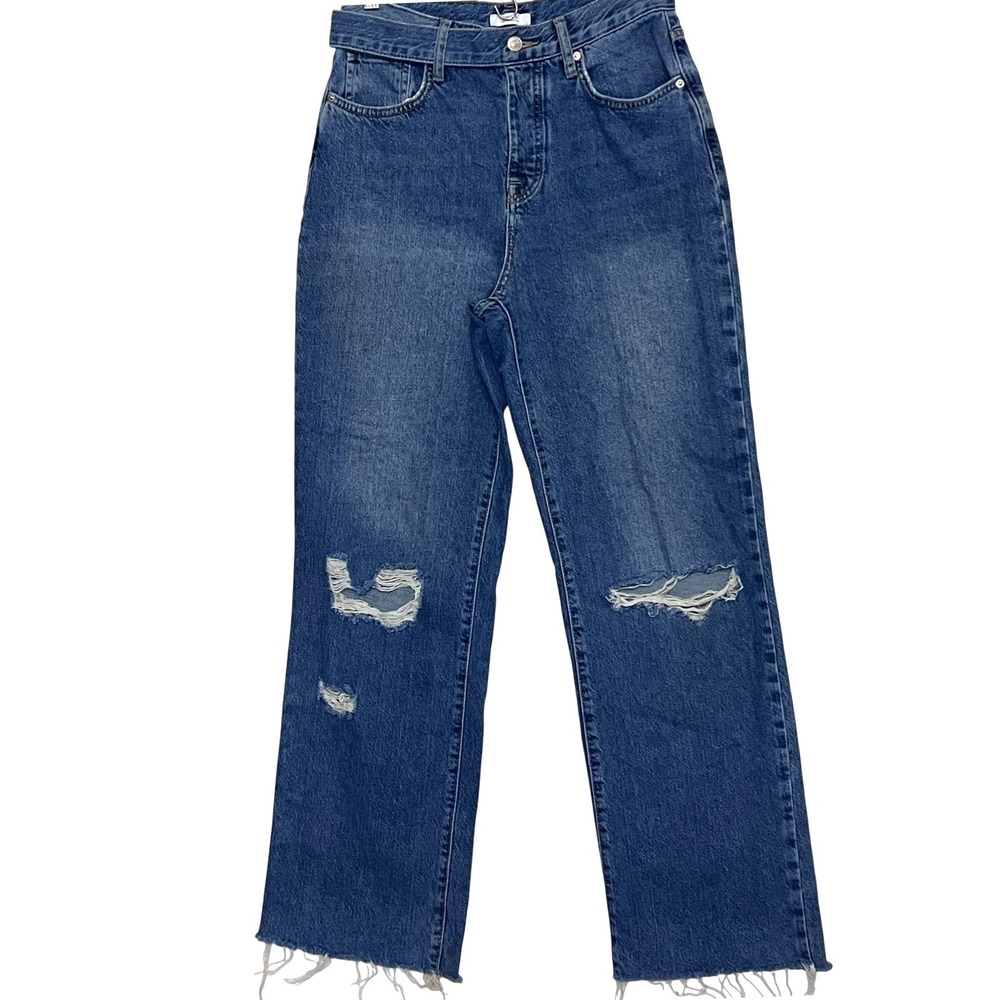 Forever 21 Premium High Rise Straight Leg Distressed Jeans Blue Sz 27 Button Fly